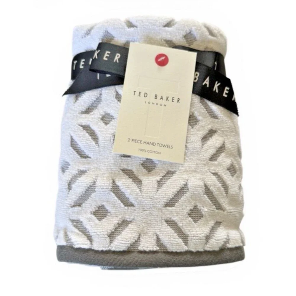 Ted Baker London Hand Towels Luxury White Gray 100% Cotton Set of 2 Textured